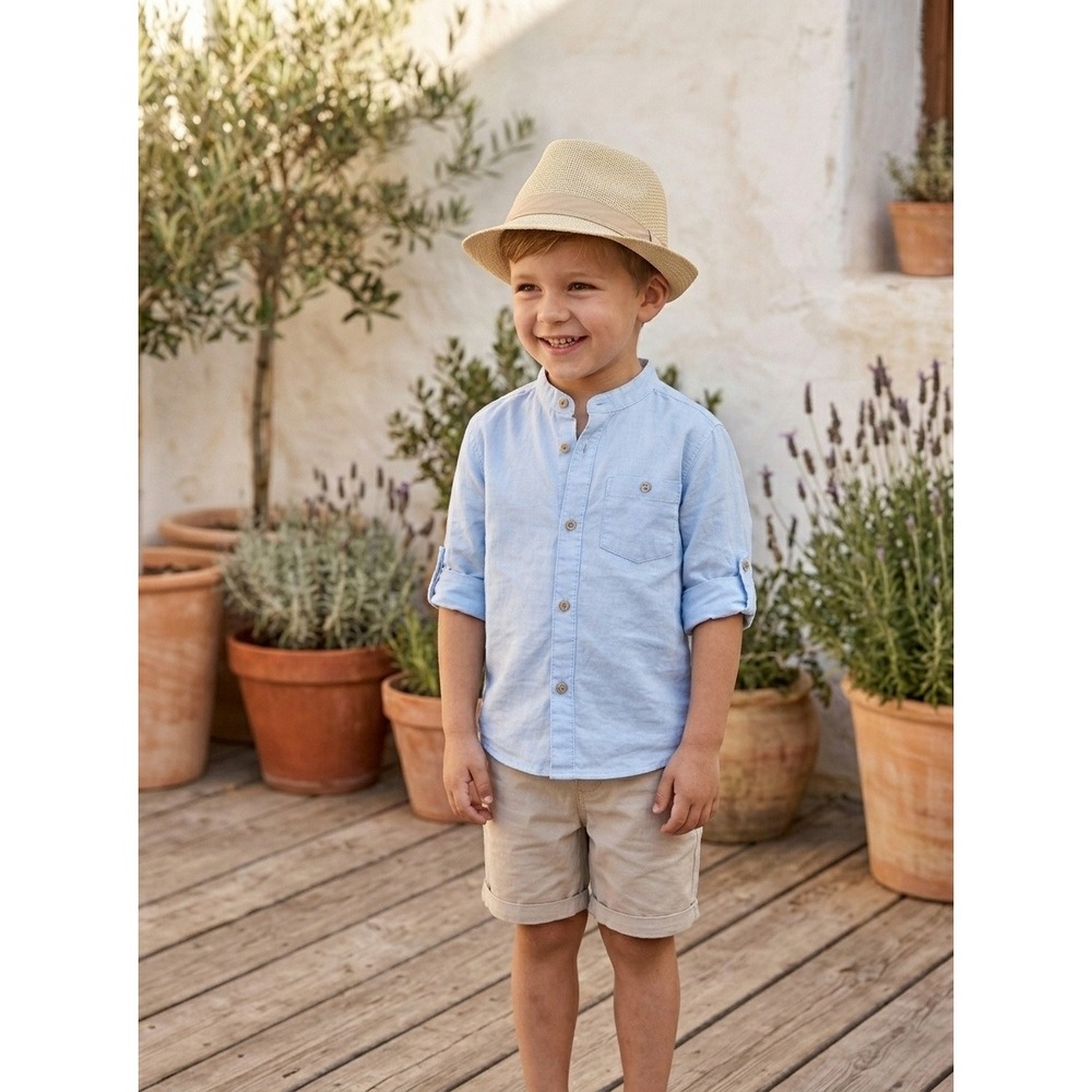 Hat Kids Tan Woven Straw Fedora Summer Sun Hat 100% Linen  Beige